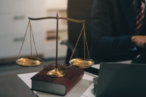 scales of justice on a lawyer’s desk